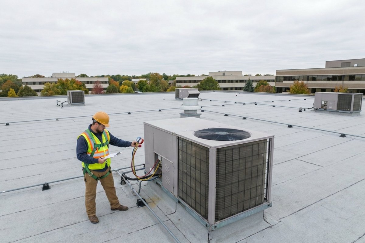 Commercial HVAC technician inspecting rooftop unit on a Binghamton NY office building in fall