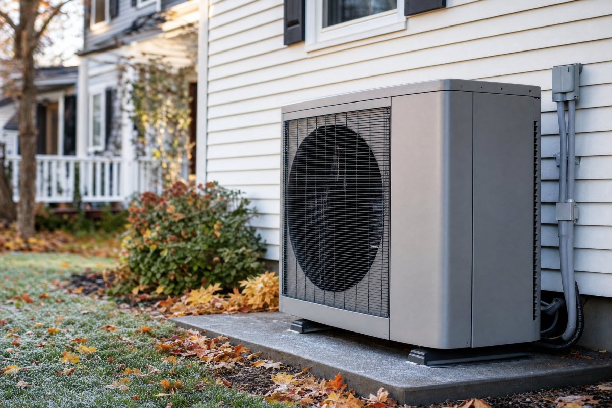 Outdoor heat pump unit beside a Greater Binghamton NY home in fall, paired with an existing gas furnace in a dual-fuel system