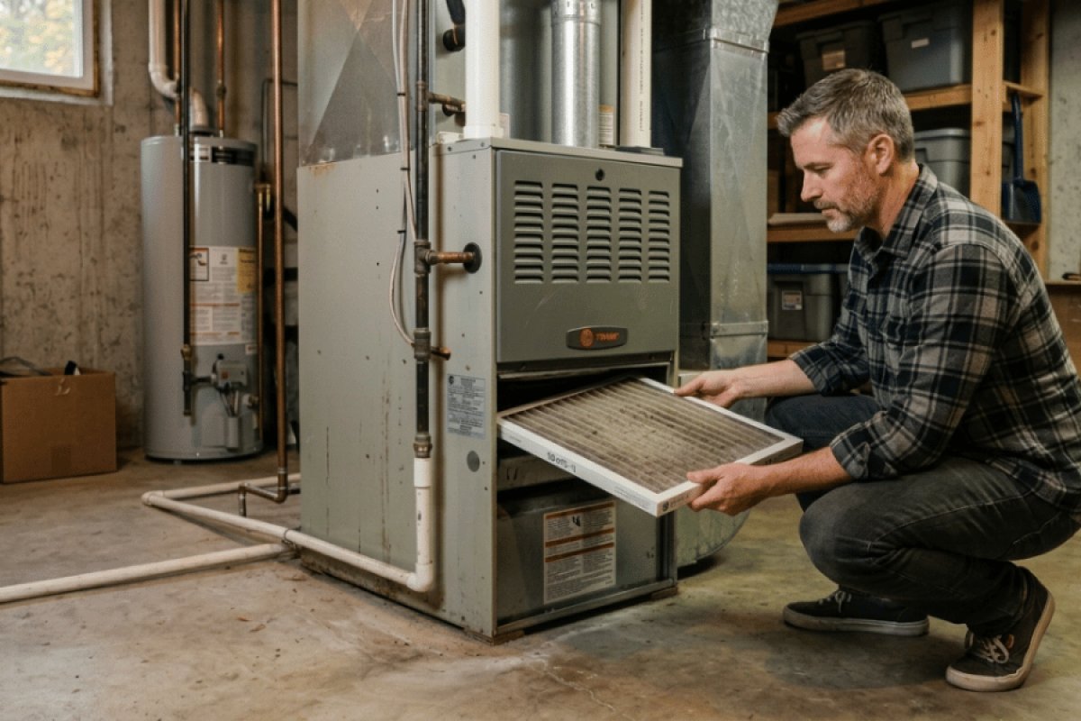 Homeowner pulling out the furnace filter to see if it needs to be changed