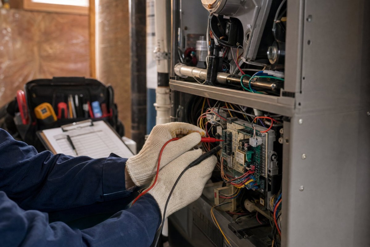 HVAC technician performing a fall furnace tune-up in a Binghamton NY basement as part of an annual maintenance plan