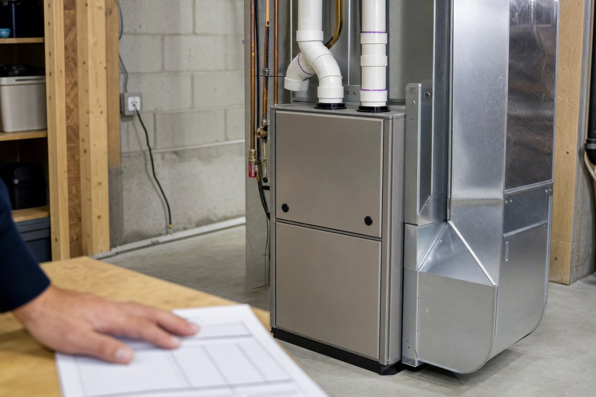 New high-efficiency gas furnace installed in the basement of a Southern Tier NY home with fresh PVC venting