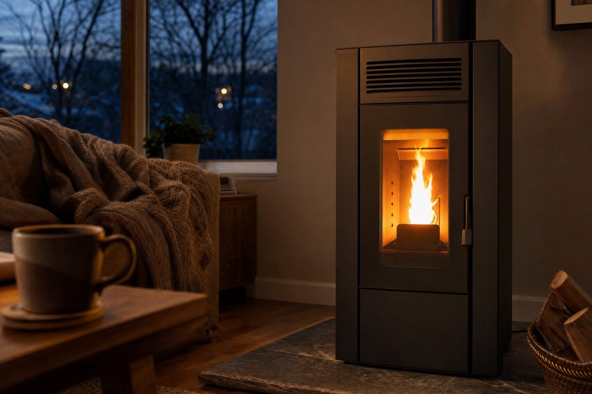 Pellet stove glowing in a cozy living room of a Southern Tier NY home on a cold fall evening, providing supplemental heat