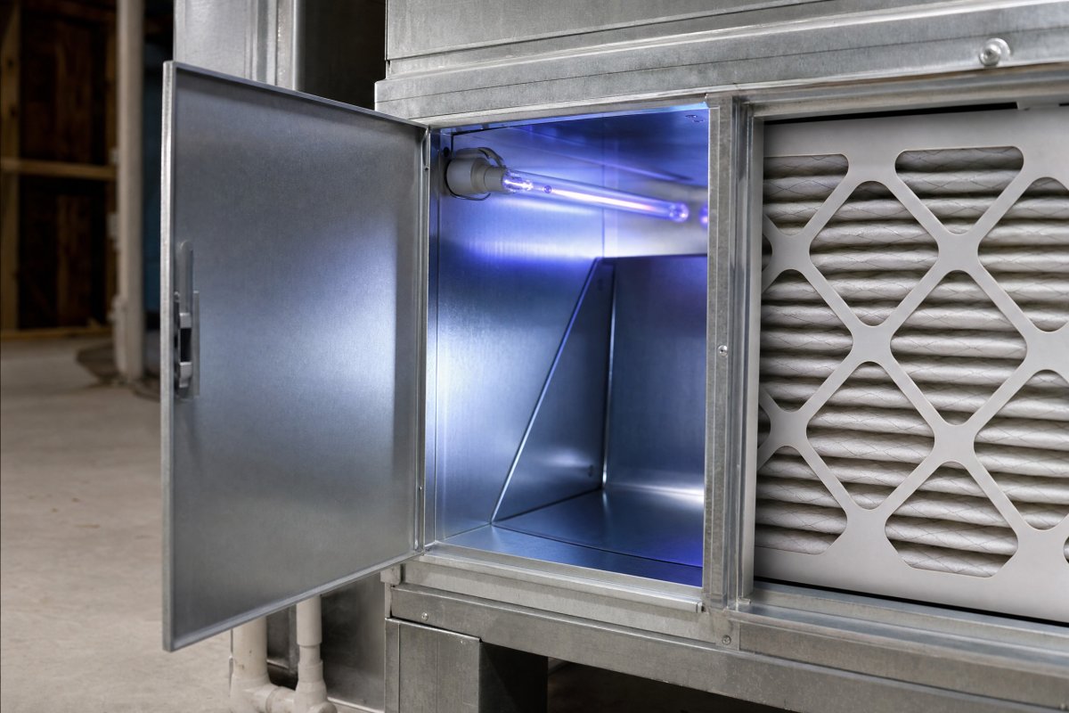UV air purifier lamp installed inside the return duct of a furnace in a Greater Binghamton NY home for cleaner winter air