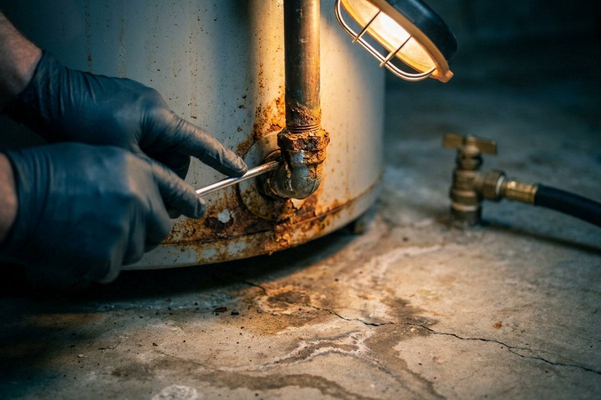 Plumber inspecting an aging water heater tank in a Southern Tier NY home basement