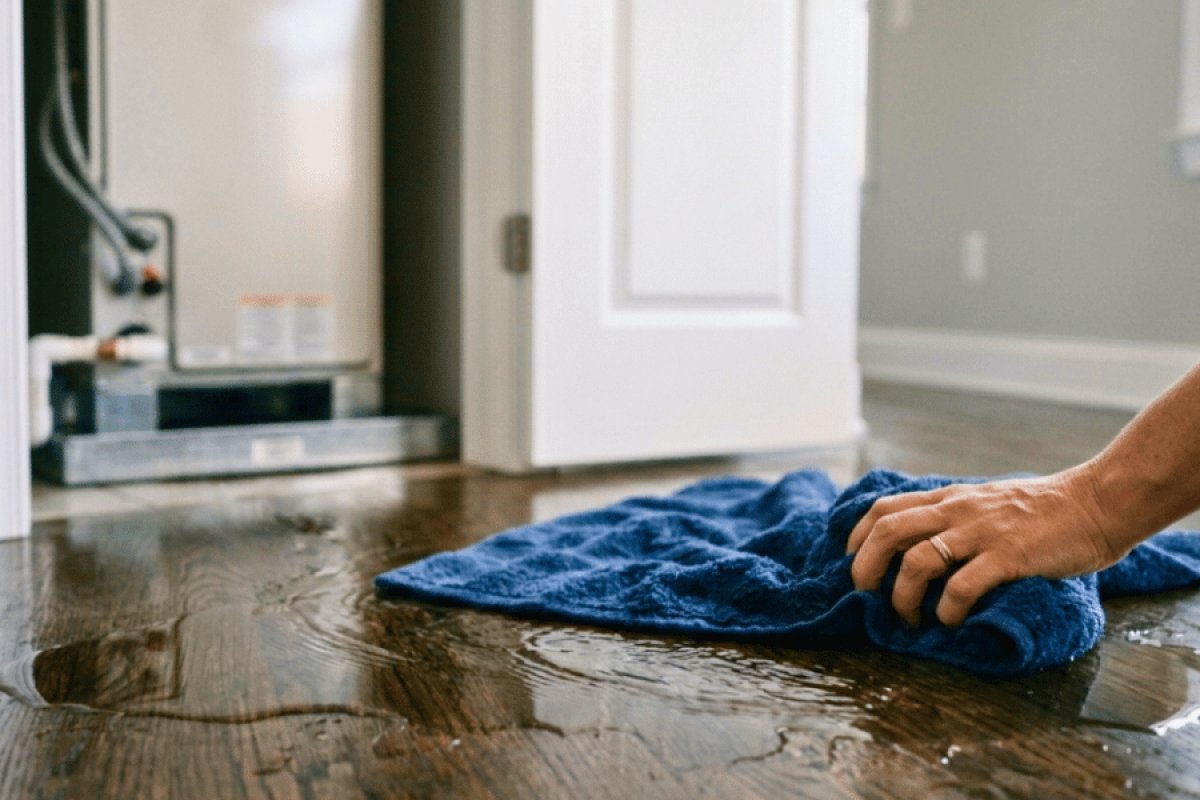 Homeowner cleaning up an indoor AC puddle with a towel
